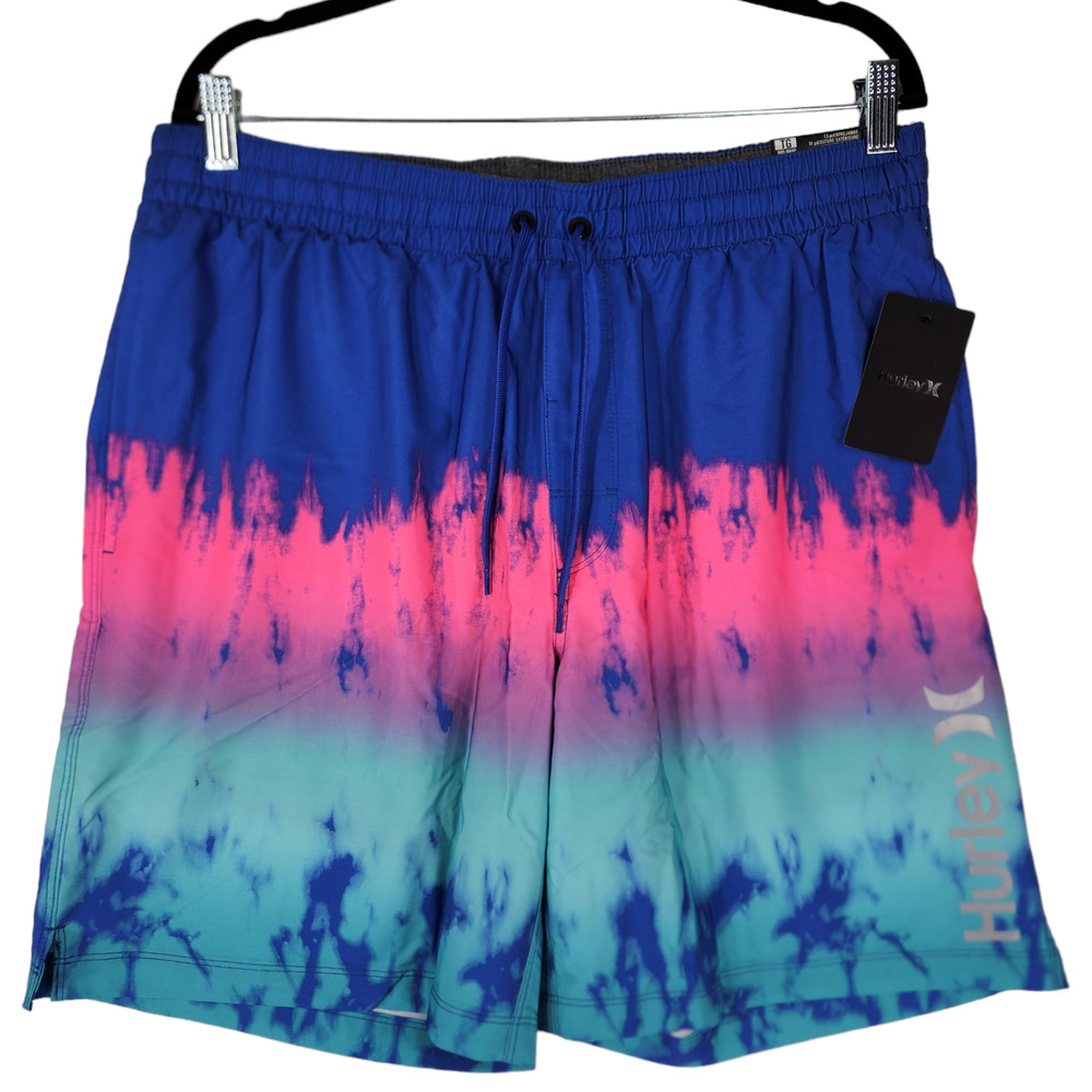 Hurley Swim Trunks Shorts XL Mens Tie Dye Blue Aqua Pink 7.5" Inseam 18" NEW